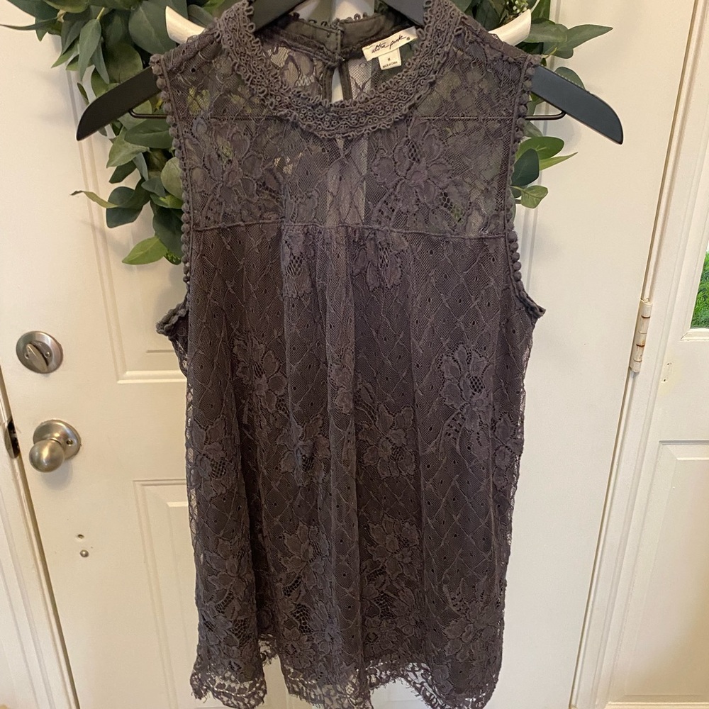 Ultra Pink Modest High Neck Floral Full Lace Overlay Sleeveless Top M